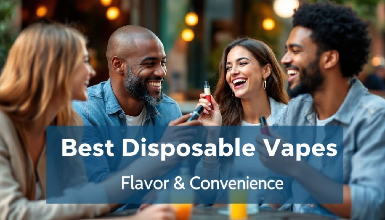A group of young adults sitting at a cafe, enjoying different flavored disposable vapes.